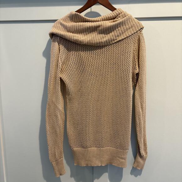 Cache Sweater Women Medium Gold Beige Cowl Neck Open Knit Mesh Pullover Shimmer - Picture 6 of 11